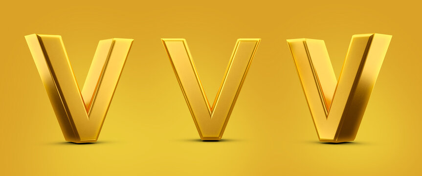 Letter V in 3d metal gold with shadow caster and yellow background