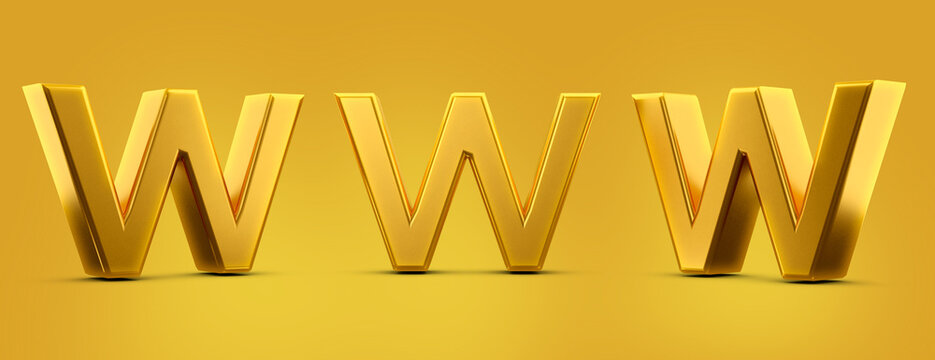 Letter W in 3d metal gold with shadow caster and yellow background