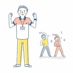 運動指導する男性と体操をする高齢者