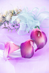 美しいボルドー色のカラーリリー(Calla lily)のリース（紫色のチュールの背景）