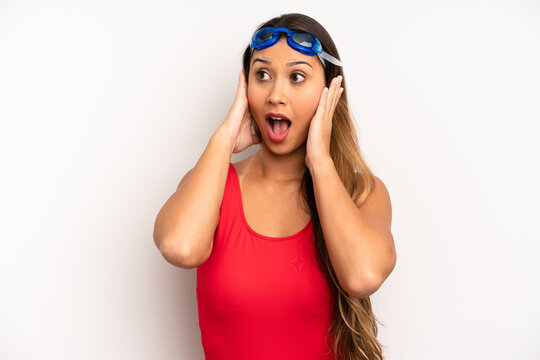 Asian Young Woman Feeling Happy, Excited And Surprised. Swimmer Concept