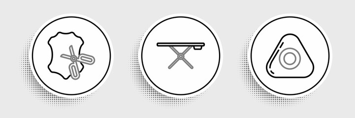 Set line Sewing chalk, Scissors and leather and Ironing board icon. Vector