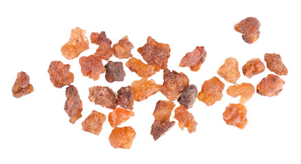 Myrrh resin isolated on white background. Pile of natural Commiphora myrrha. Sweet Myrrh Opoponax....