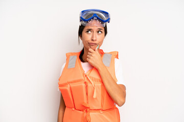 hispanic pretty woman thinking, feeling doubtful and confused. life jacket concept