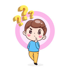 cartoon character man thinking with question mark icon, flat illustration