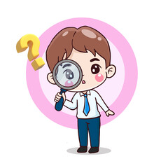 cartoon character businessman holding magnifying glass with question icon, flat illustration