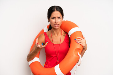 hispanic pretty woman looking angry, annoyed and frustrated. lifeguard concept