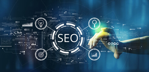 SEO concept with hand pressing a technology screen