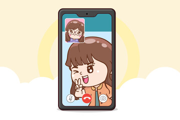 cartoon character female video calling by mobile phone with friend, flat illustration vector