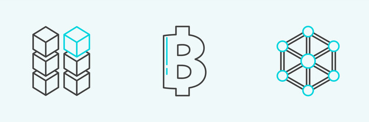 Set line Blockchain technology, and Cryptocurrency coin Bitcoin icon. Vector