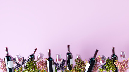Grapevine, herbs and bottles with glasses on a pink background. 3d rendering, mock up poster