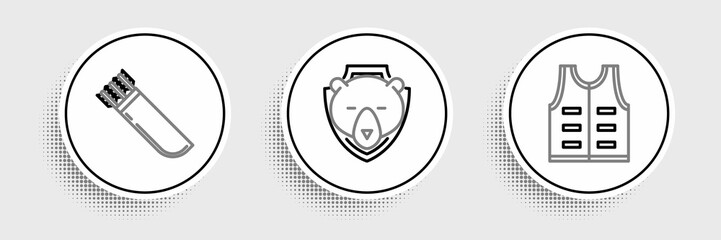 Set line Hunting jacket, Quiver with arrows and Bear head on shield icon. Vector
