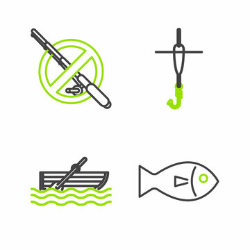Set line Fish, Fishing boat with oars on water, hook and float and No fishing icon. Vector