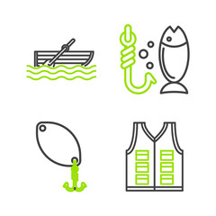 Set line Fishing jacket, spoon, and boat with oars water icon. Vector