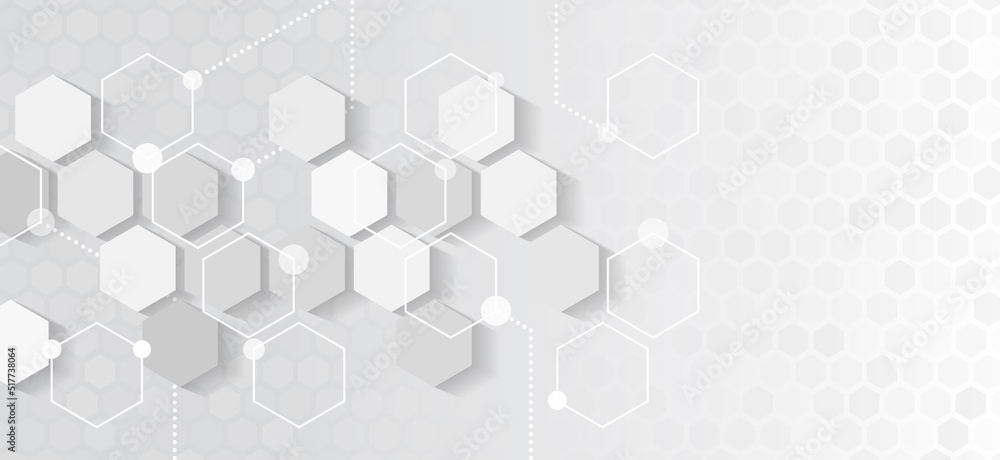 Fototapete Abstract hexagons science on the grey background. Hi-tech digital technology and engineering concept. Wide Sci fi template with polygons.