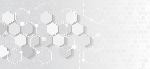 Abstract hexagons science on the grey background. Hi-tech digital technology and engineering concept. Wide Sci fi template with polygons. - obrazy, fototapety, plakaty