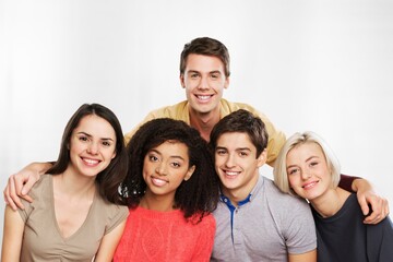Group of multiracial people enjoy day. Diverse young friedns having fun outdoor