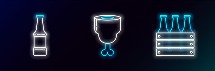 Obraz premium Set line Pack of beer bottles, Beer and Chicken leg icon. Glowing neon. Vector