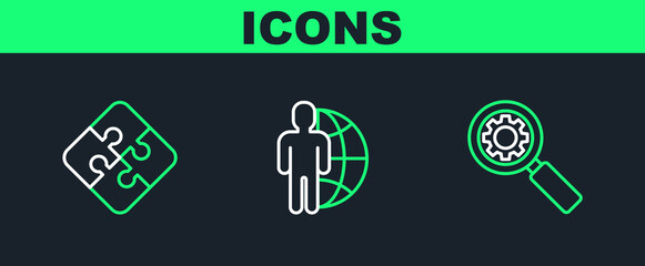 Set line Magnifying glass and gear, Piece of puzzle and Globe people icon. Vector