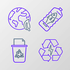Set line Battery with recycle symbol, Recycle bin, Stop ocean plastic pollution and Earth globe and leaf icon. Vector