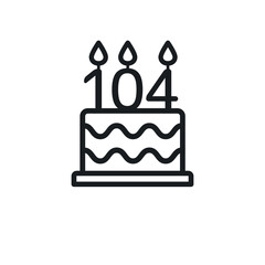Birthday cake line icon with candle number 104 (one hundred and four). Vector.