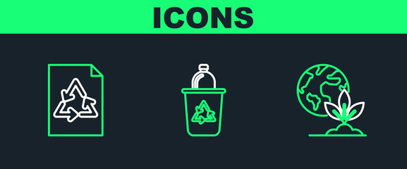 Set line Earth globe and plant, Paper with recycle and Recycle bin symbol icon. Vector