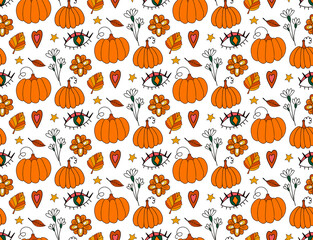 Retro 70s autumn vibe, hippie psychedelic groovy pattern. Cartoon funky autumn texture. vector illustration.