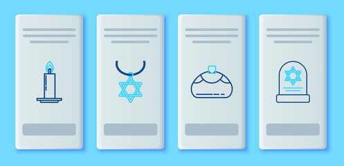 Set line Star of David necklace on chain, Jewish sweet bakery, Burning candle candlestick and Tombstone with star david icon. Vector