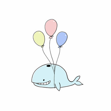 Cute whale in balloons. Illustration for nursery, postcards and posters.