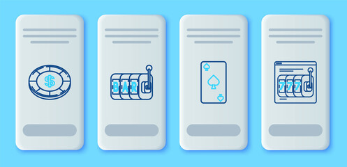 Set line Slot machine, Playing card with spades symbol, Casino chip dollar and Online slot lucky sevens jackpot icon. Vector