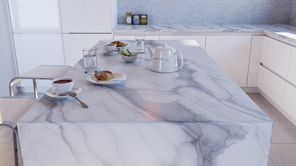Kitchen natural marble. New granite table. Kitchen island counter tops decorated image. Home decor.