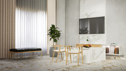 living home interior design with marble floors and countertop coffee table and wall slabs