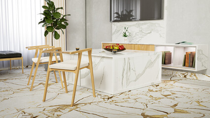 Marble natural table. New quartz flooring. Marble tile floor slabs interior image. Home decor.