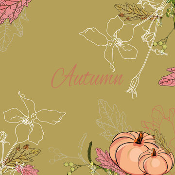 Vector frame in autumn style. Autumn, leaves, pumpkin in brown tones as a blank for designers, logo, icon, print, mocap.