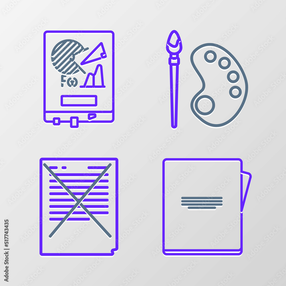 Poster set line notebook, exam paper with incorrect answers survey, paint brush palette and board graph cha