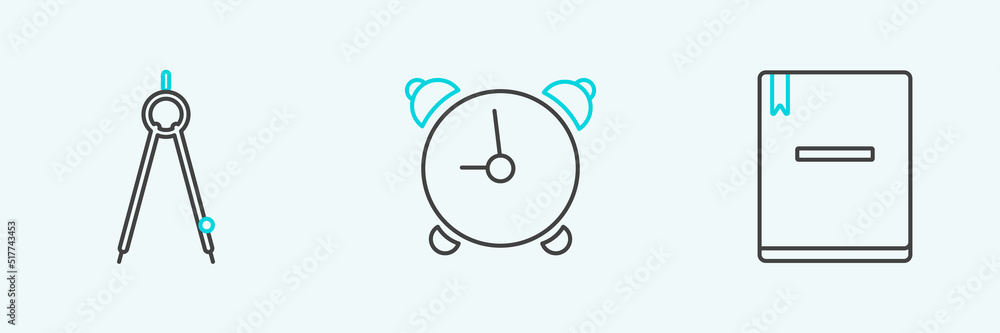 Poster set line notebook, drawing compass and alarm clock icon. vector