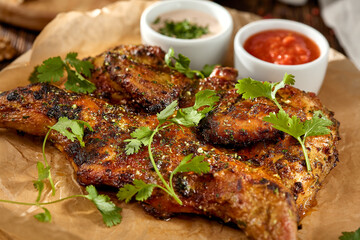Traditional georgian dish - chicken tabaka on wooden background in rustic style. Roasted whole chicken in georgian style on wooden table. Chicken tabaka with sauces in rustic style.