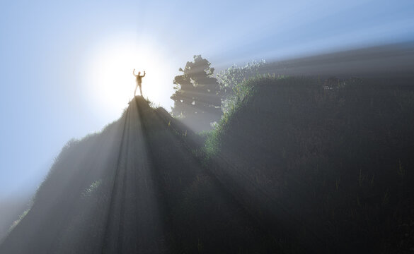 Businessman success - cheers success with raised hands standing on top of the hill - concept of human success - 3d render