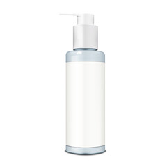 Cosmetic bottle with pump dispenser, fine tip applicator cap and white blank label realistic vector mockup. Template for design