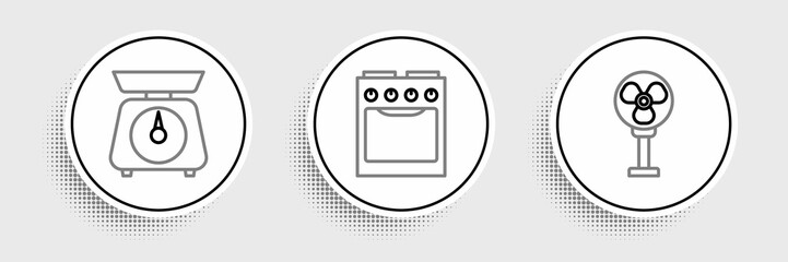 Set line Electric fan, Scales and Oven icon. Vector
