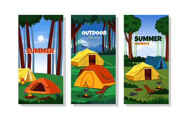 Summer Time Camping Tent Nature Holiday Card Template - obrazy, fototapety, plakaty