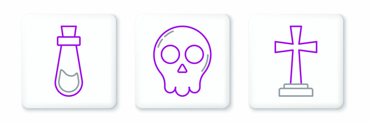 Set line Tombstone with cross, Bottle potion and Skull icon. Vector