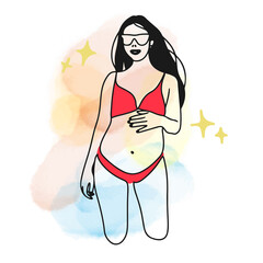 Pregnant girl in a swimsuit, in sunglasses, round and big belly, pregnancy, beach season, doodle