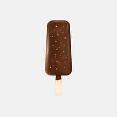 Ice cream with chocolate glaze nuts on stick. Chocolate popsicle with filling. Sundae eskimo