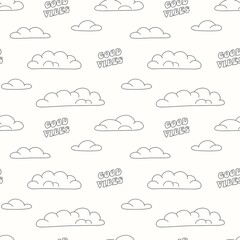 Positive pulsations. Black and white seamless pattern with cute clouds. Line. Poster for children's room, children's room, postcard, clothes.	