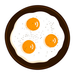 Cooked fried eggs in a frying pan. Nutritious omelet. Tasty breakfast. Hot pan. Healthy food. Protein chicken product. Flat vector illustration isolated on white background