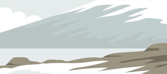 Cold landscape of arctic or antarctica. Snow, rocks, mountains and sea. Wildlife of Iceland, Norway, Alaska.  Nature and travel. Flat vector illustration for background
