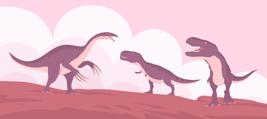 Two tyrannosaurus rex vs big clawed therizinosaurus. Pangolin fight. Predators on the hunt. Carnivorous lizard of the Jurassic period. Wild landscape. Cartoon vector illustration