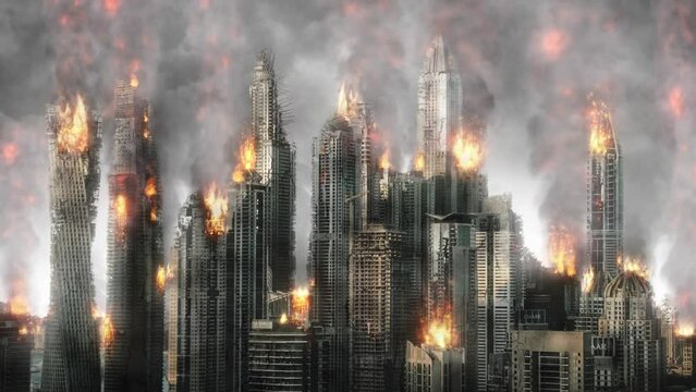 City Skyscrapers on Fire - Loop Animation Motion Landscape Background