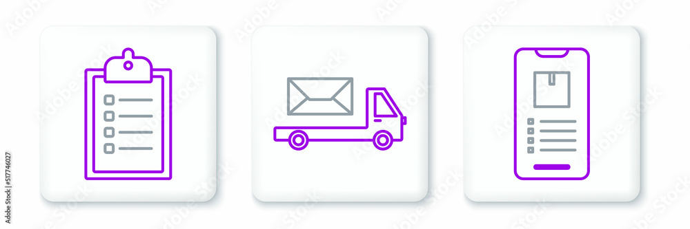 Poster set line mobile phone with app delivery tracking, verification of list clipboard and post truck icon